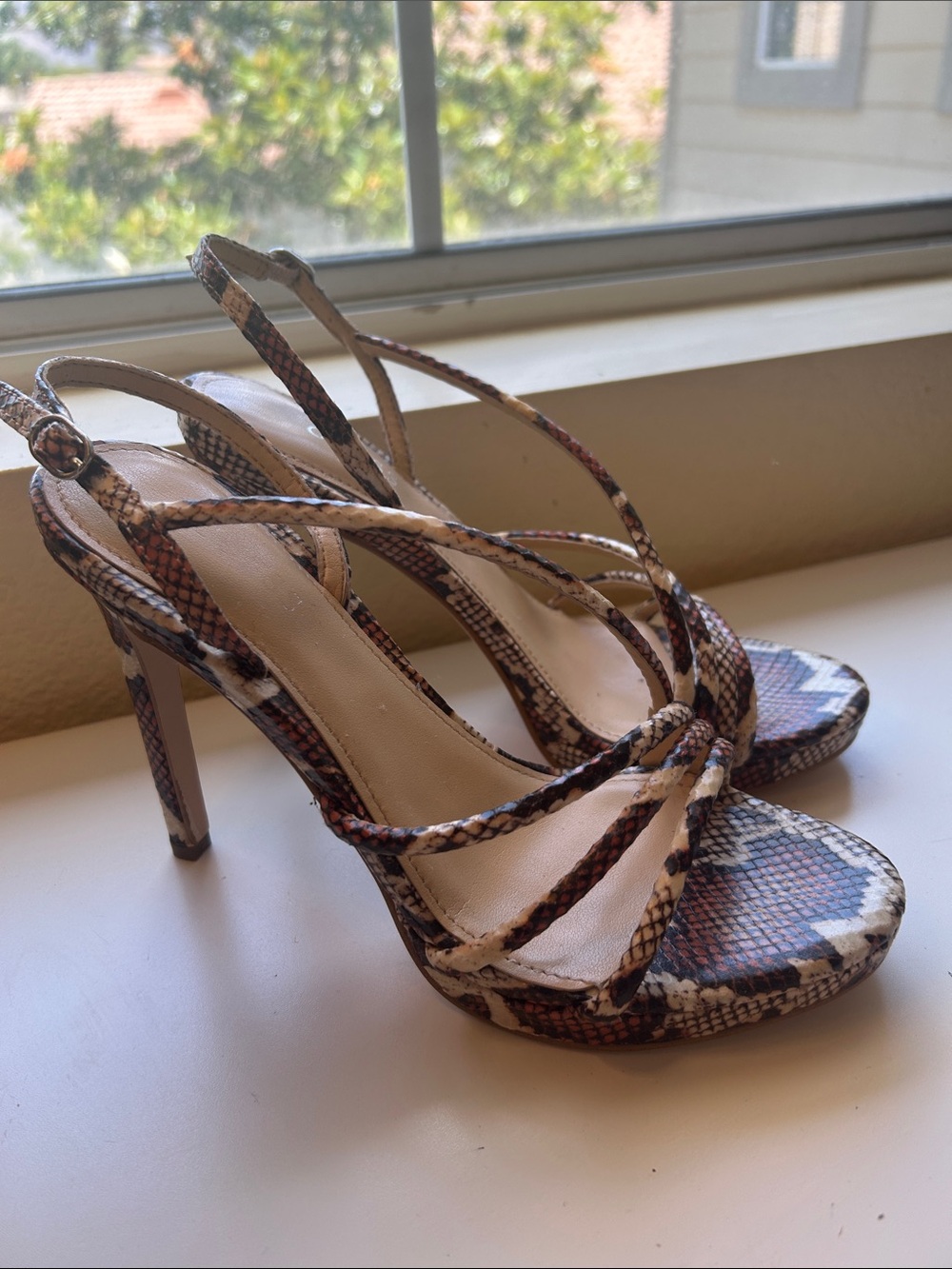 GUESS Snakeskin-Print Strappy High Heel Sandals - Brown, Cream